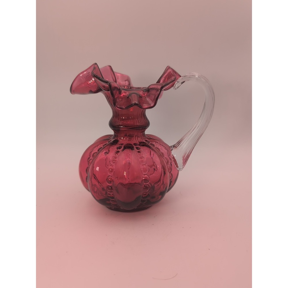 Vintage Fenton Cranberry Glass Pitcher Ruffled Rim Thumbprint Clear Handle
